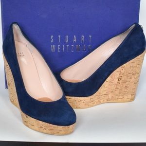 Blue suede platform wedges.